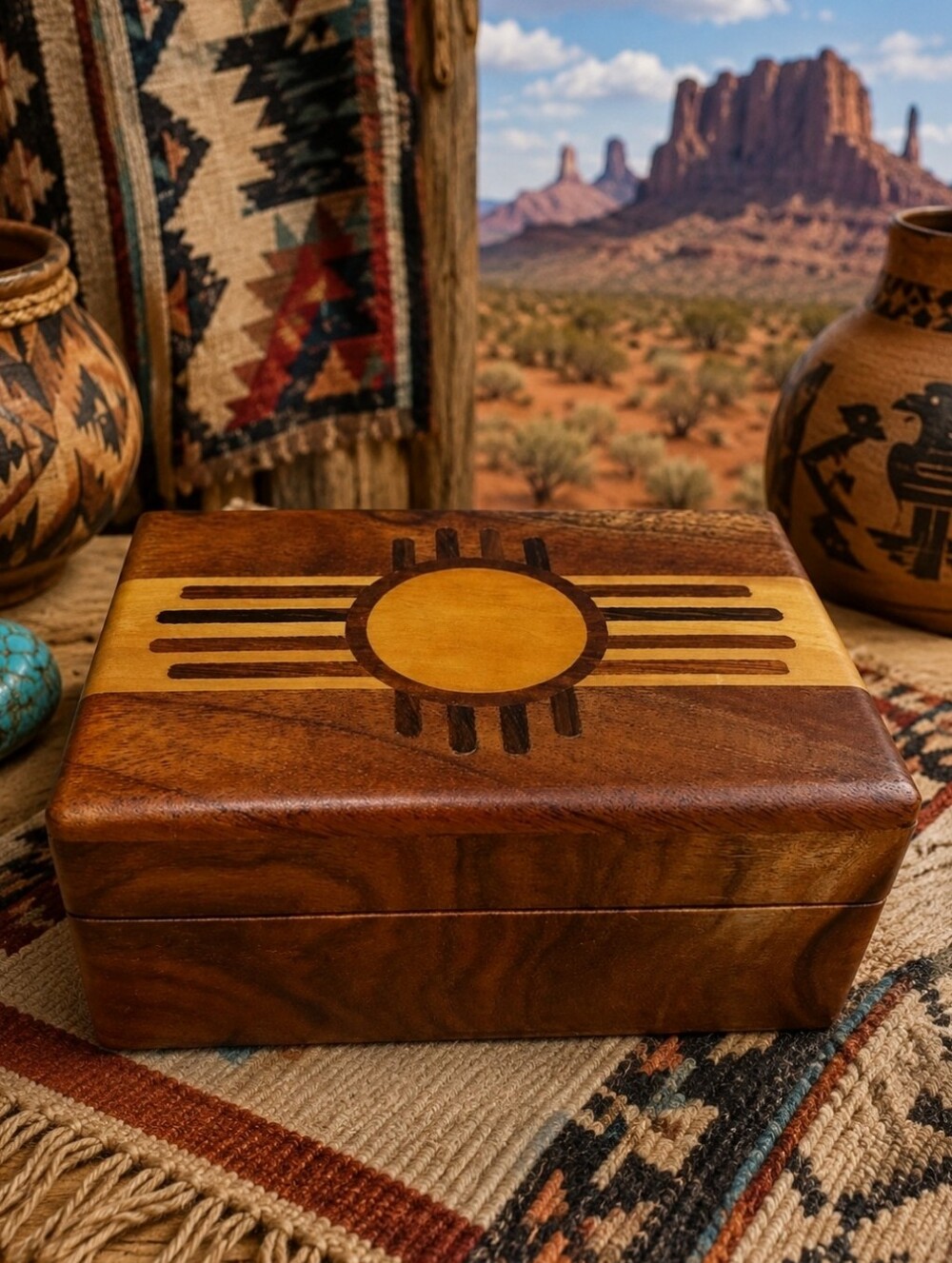 Native American Navajo Sun Wood Wooden Jewelry Craft Stash Secrets Crafted Box